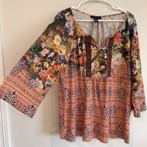 Fairy Hippie Embroidered Floral Blouse Sz L Style & Co Blousy Colorful Artsy